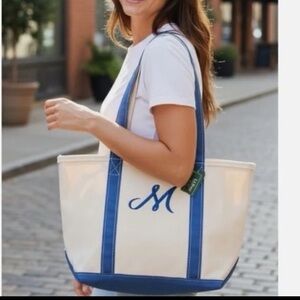 L.L. Bean Boat & Tote Bag USA Canvas Blue Zip Top Embroidered M